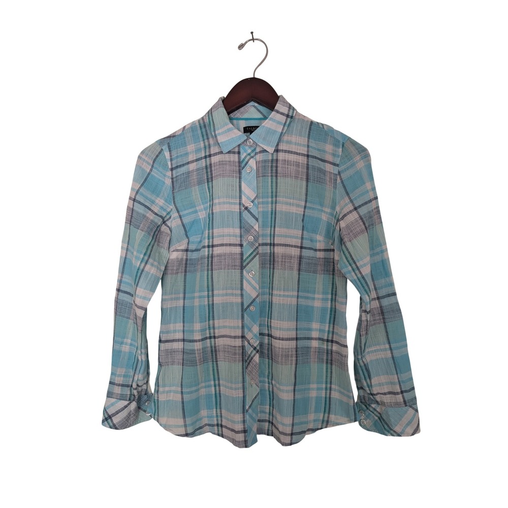 Talbots Petite P Aqua Blue Plaid Button Down Shirt 100% Cotton Long Sleeve Top